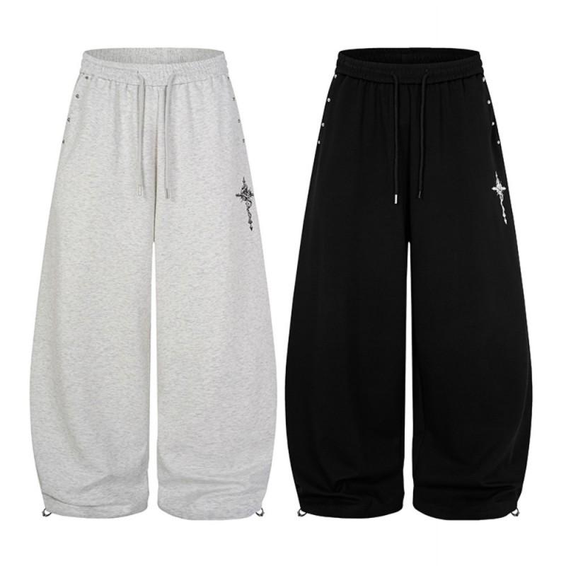 Unisex Streetwear Cross Print Sweatpants With Side Rivets Loose Fit Cuffed Joggers Cotton Blend Casual Pants