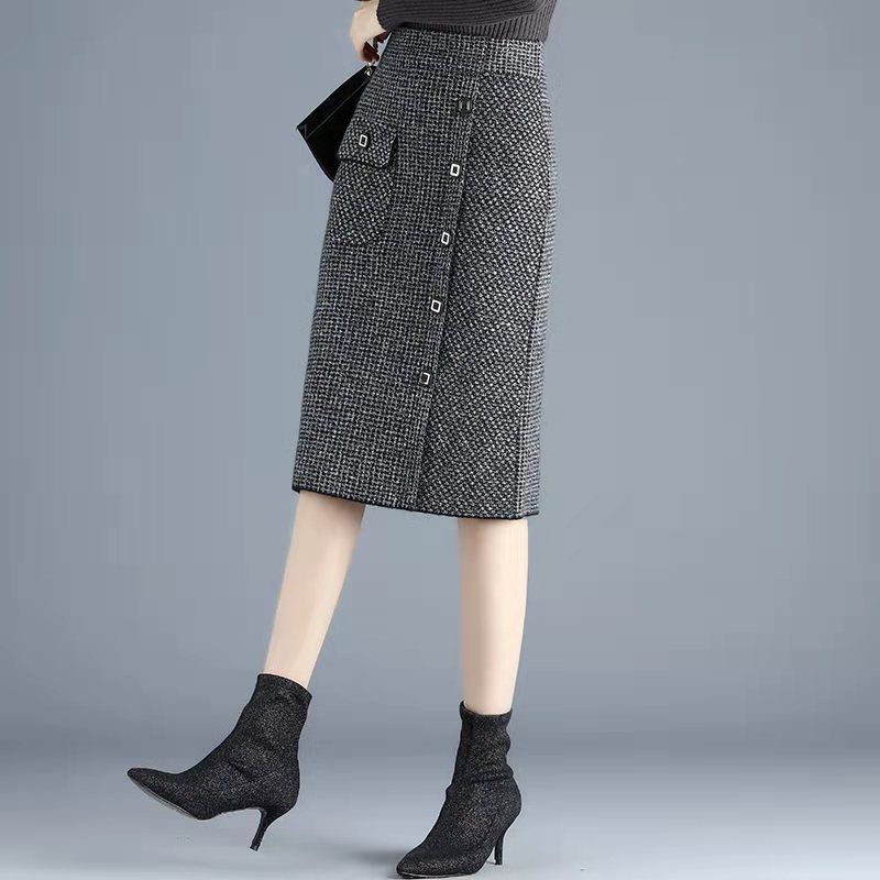 Осенне-зимняя женская трикотажная юбка с узором «гусиные лапки» Женская юбка с высокой талией, юбка на один шаг