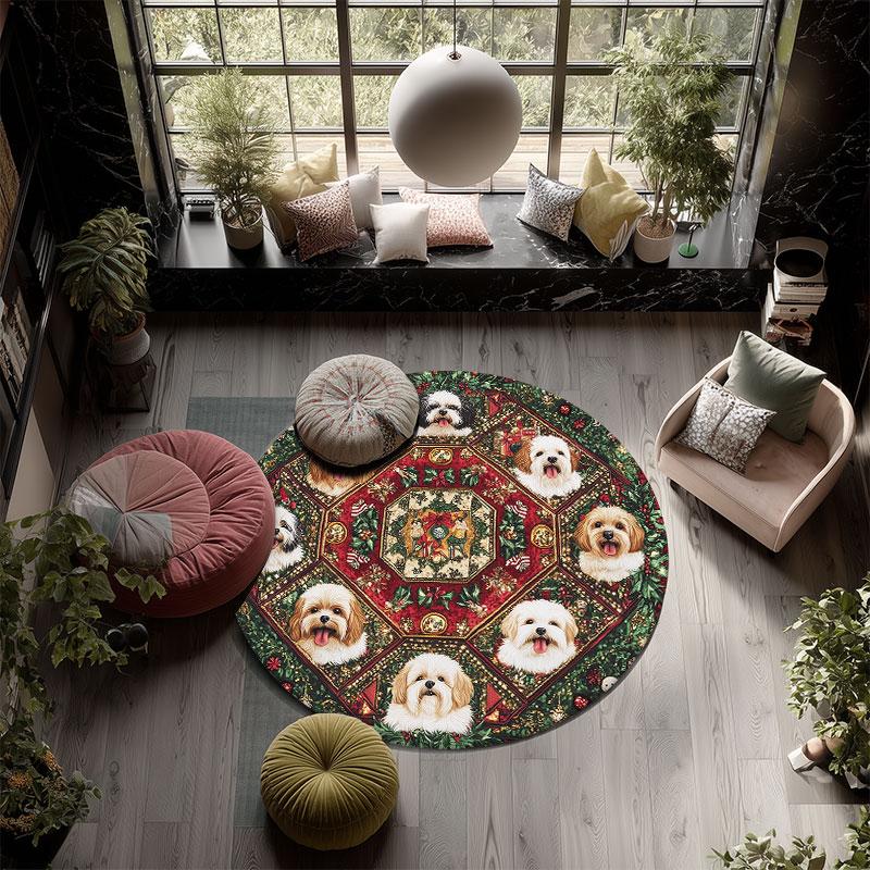 Christmas Shih Tzu pattern round rug,Carpet Rug for Living Room Bedroom Playroom ,Non-slip Floor Mat,Holiday Gifts and Birthday Gifts.