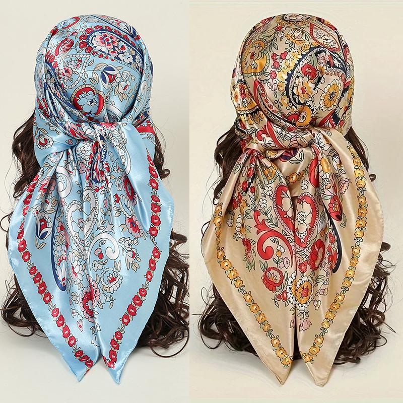 90*90CM Cashew Pattern Satin Square Scarf Fashionable Bohemian Style Hijab Shawl Elegant and Versatile Headscarf Scarf for Women