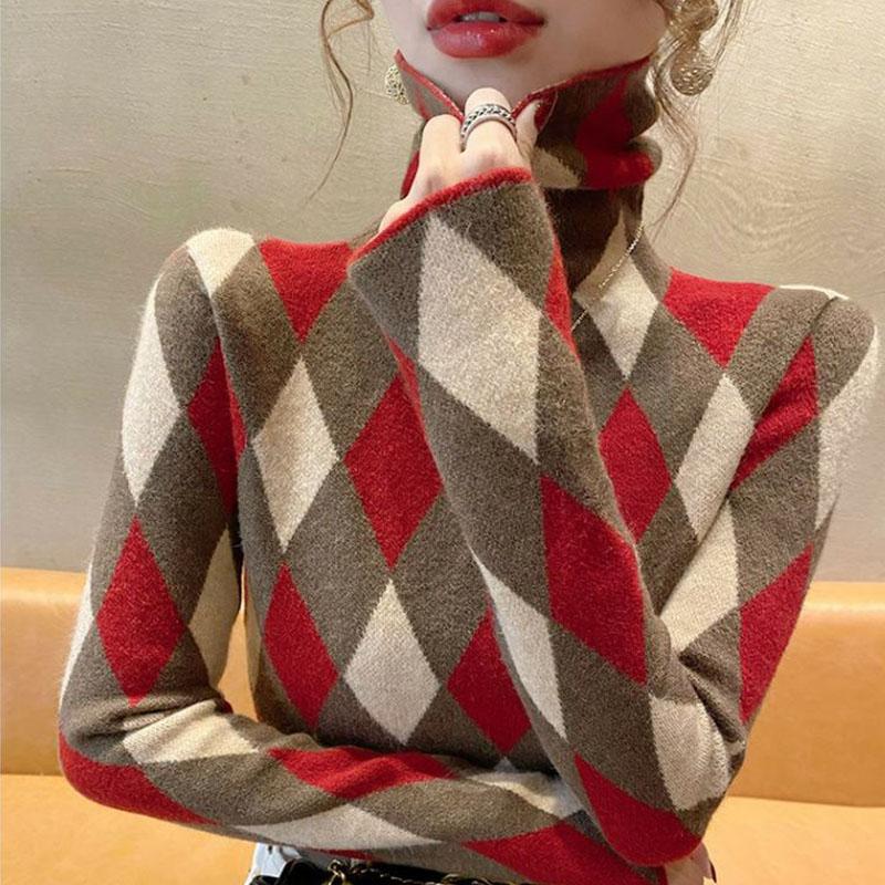 Свитер с высоким воротом, женский пуловер, осень и зима, винтажная ромбовидная сетка, новая модная утягивающая базовая рубашка, женский топ