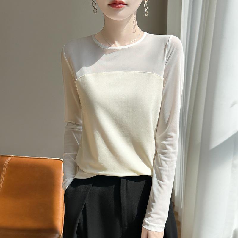 2025 Women's Slim Fit Round Neck Mesh Patchwork Long Sleeve Sweater for Autumn and Winter