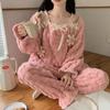 Женская пижама в стиле принцессы из кораллового вельвета - Осеннее кружево, Толстый и теплый домашний костюм
