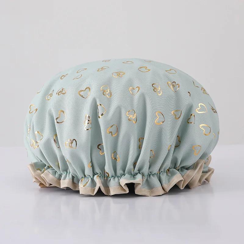 Double Shower Cap Waterproof Hair Cap Hot Gold Printed Terylene Cotton Shower Hat Bathing Comfortable Women Eco-Friendly