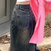 Women Skirt A-line Big Swing Denim Retro Pockets Patchwork Solid Color High Waist Button Zipper Closure Ankle Length Ripped Edge Lady Maxi Skirt