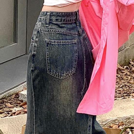 Women Skirt A-line Big Swing Denim Retro Pockets Patchwork Solid Color High Waist Button Zipper Closure Ankle Length Ripped Edge Lady Maxi Skirt