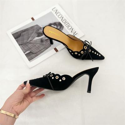 Мюли с острым носком для женщин, элегантные каблуки с бантом, весенняя мода, шпилька, флоковые сандалии, слипоны, удобная обувь