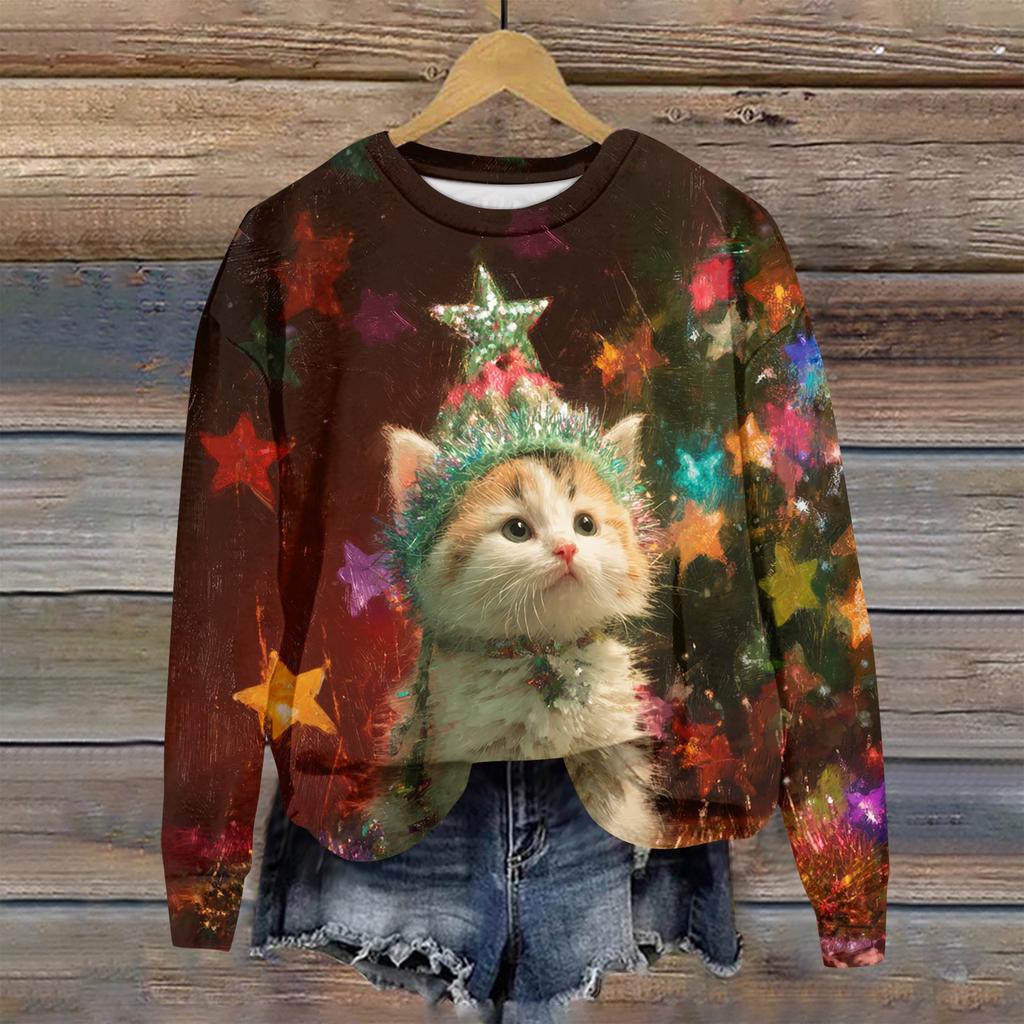 Женская толстовка с рождественским принтом, с длинным рукавом и круглым вырезом, свободный топ