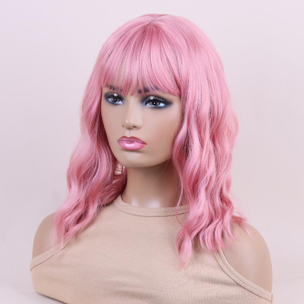 Pink Blond Dark Brown Synthetic Wigs Short Wavy Bob Wigs with Bangs for Women Daily Cosplay Natural Hair Wig Heat Resistant Fiber