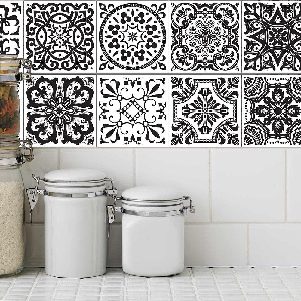 10 Pcs Simple Black and White Retro Geometric Pattern Wall Sticker Home Kitchen Decoration Wall Art