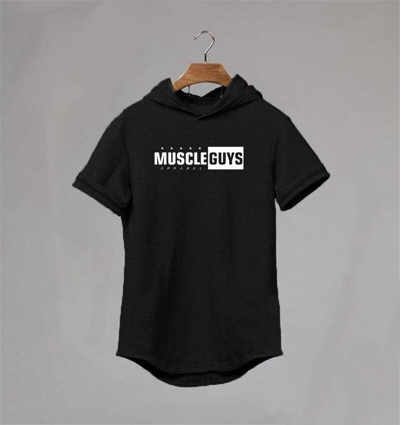 Muscleguys Летняя новая мужская модная футболка с короткими рукавами, хлопковая тенденция, бодибилдинг, фитнес, свитер с капюшоном и половиной рукавов, спортивная футболка с капюшоном