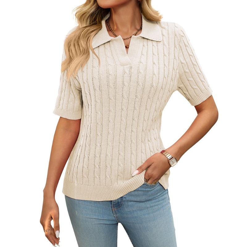 Women's Summer New Short-sleeved Lapel Stranded Jumper V-neck Knitted Pullover Tops