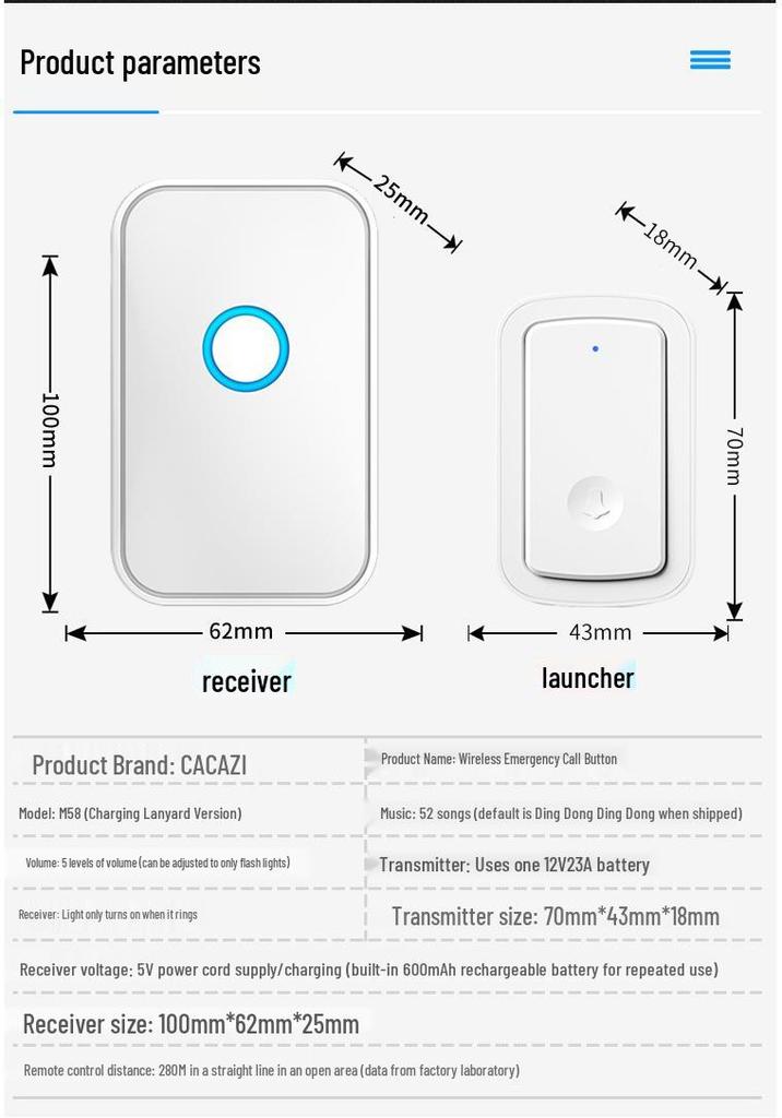Waterproof Wireless Doorbell with Loud Ring, Rechargeable Call Button for Elderly, Emergency Alert Device, Home Use.