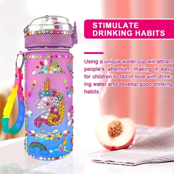 Creative DIY Gemstone Kids Water Bottle 600ml Rainbow Unicorn for School & Outdoor, Holiday Gift for Boys Girls Age 4-6-8-10, Multicolor
