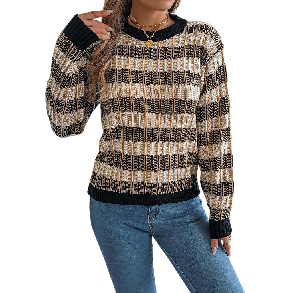 Women's Round Neck Vintage Striped Long Sleeve Pullover Sweater