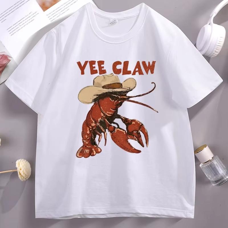 Lobster Cowboy TShirt Trendy Yee Claw Tee Funny Lobster Tshirt Western Beach Top Unisex Women Funny Printed Tshirts Tops