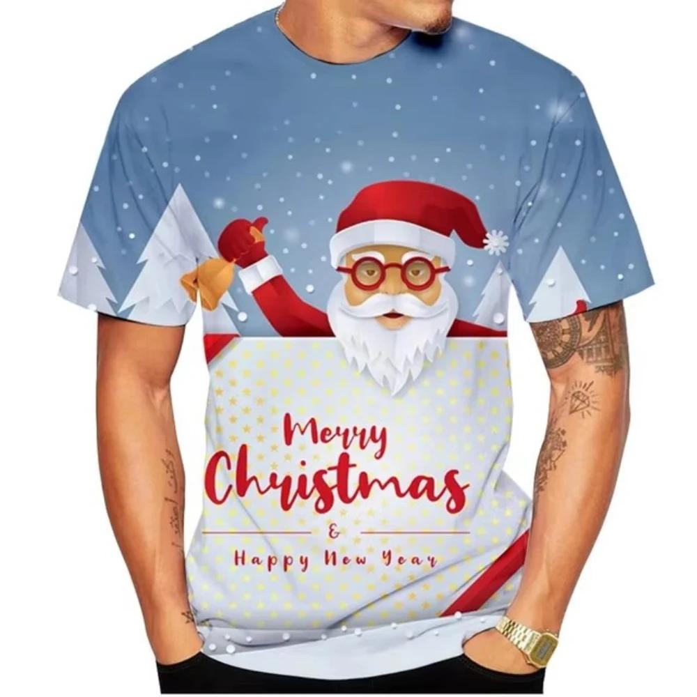 Рождественская 3D-печатная рубашка с коротким рукавом 2025 года, мужские и женские повседневные рубашки с круглым вырезом, праздничные футболки в стиле хип-хоп