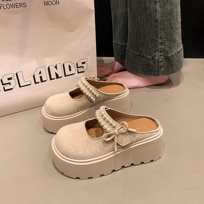 Милый бант жемчуг толстая подошва увеличение высоты Мэри Джейн тапочки женские летние новые нескользящие маффин сумка голова шлепанцы