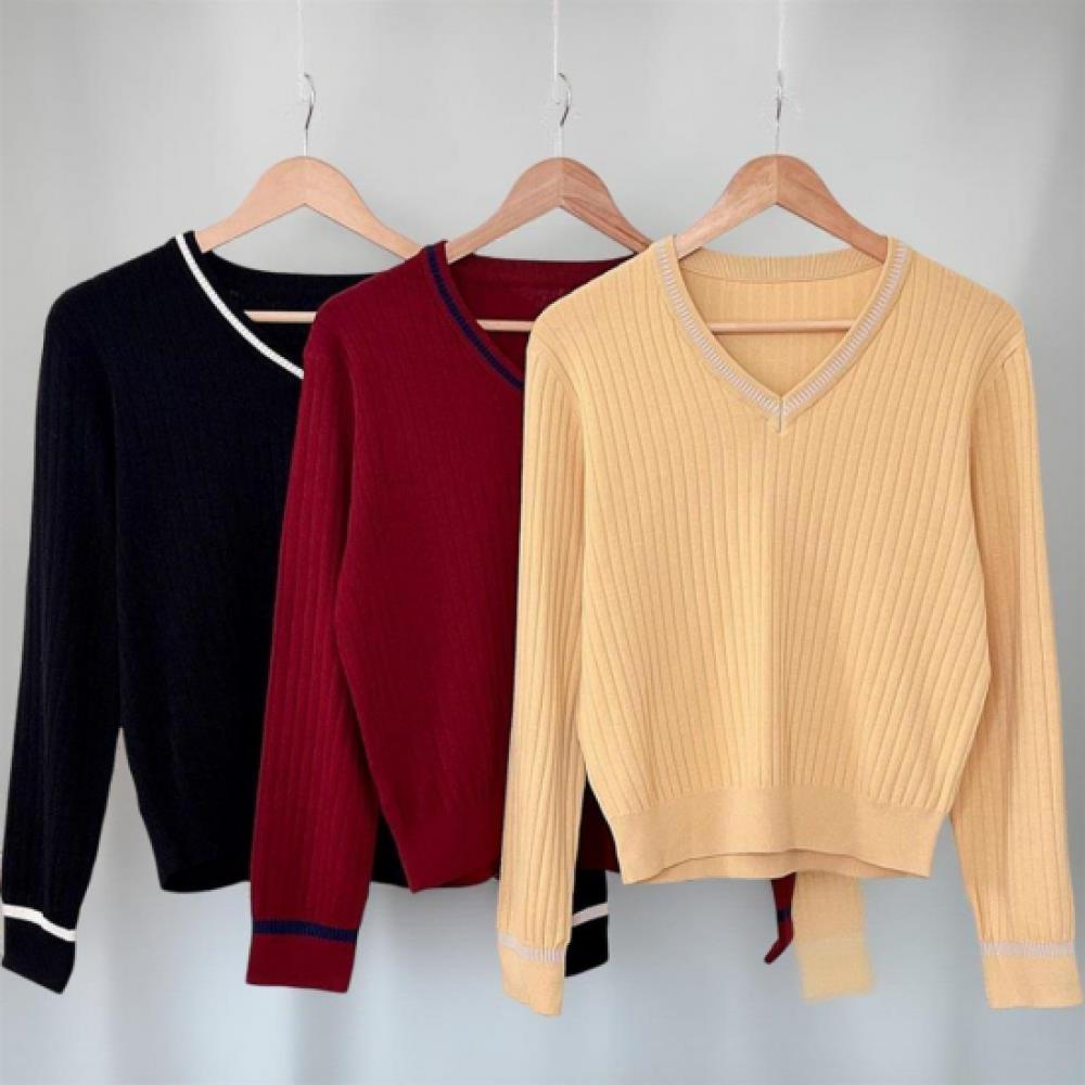 New ArriVals Open Run Women Color Block V Neck Autumn Ribbed Knit Yellow Burgund