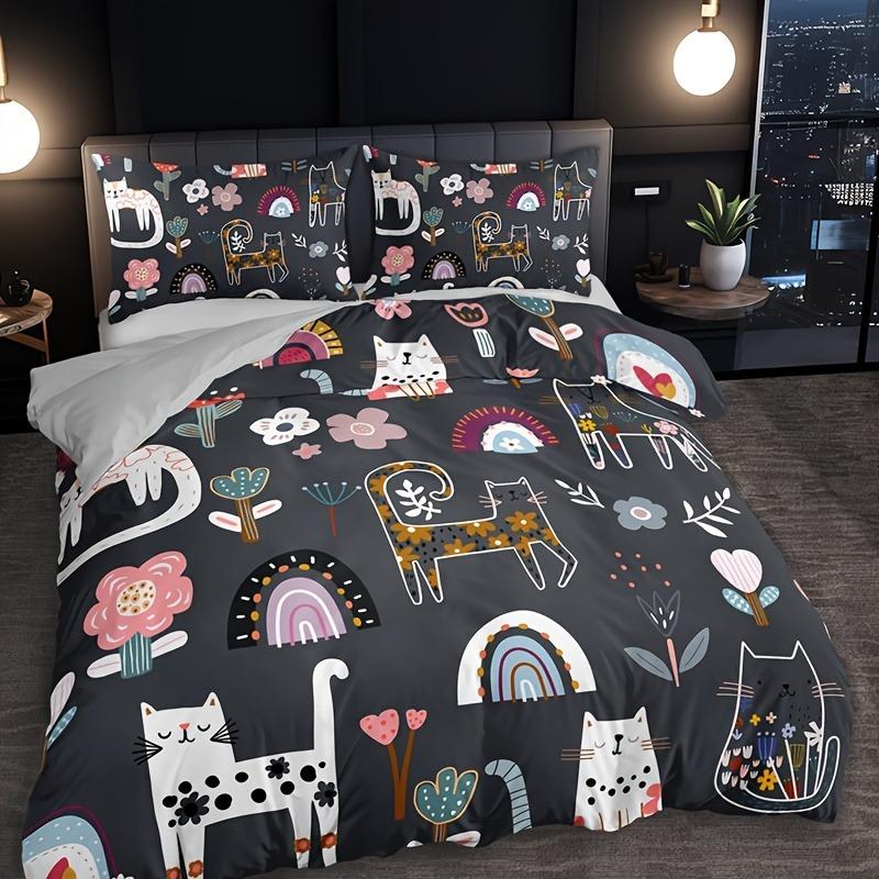 Комплект постельного белья с принтом кошек и цветов - Включает 1 пододеяльник и 2 наволочки, дышащий полиэстер, машинная стирка - Идеально