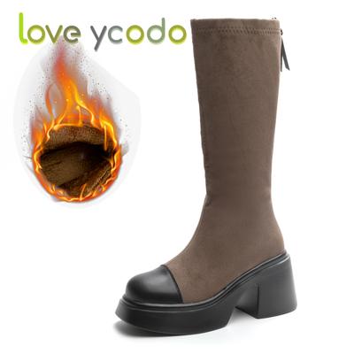 Женские осенне-зимние кашемировые кожаные сапоги до колена на толстой подошве, повседневные кожаные сапоги