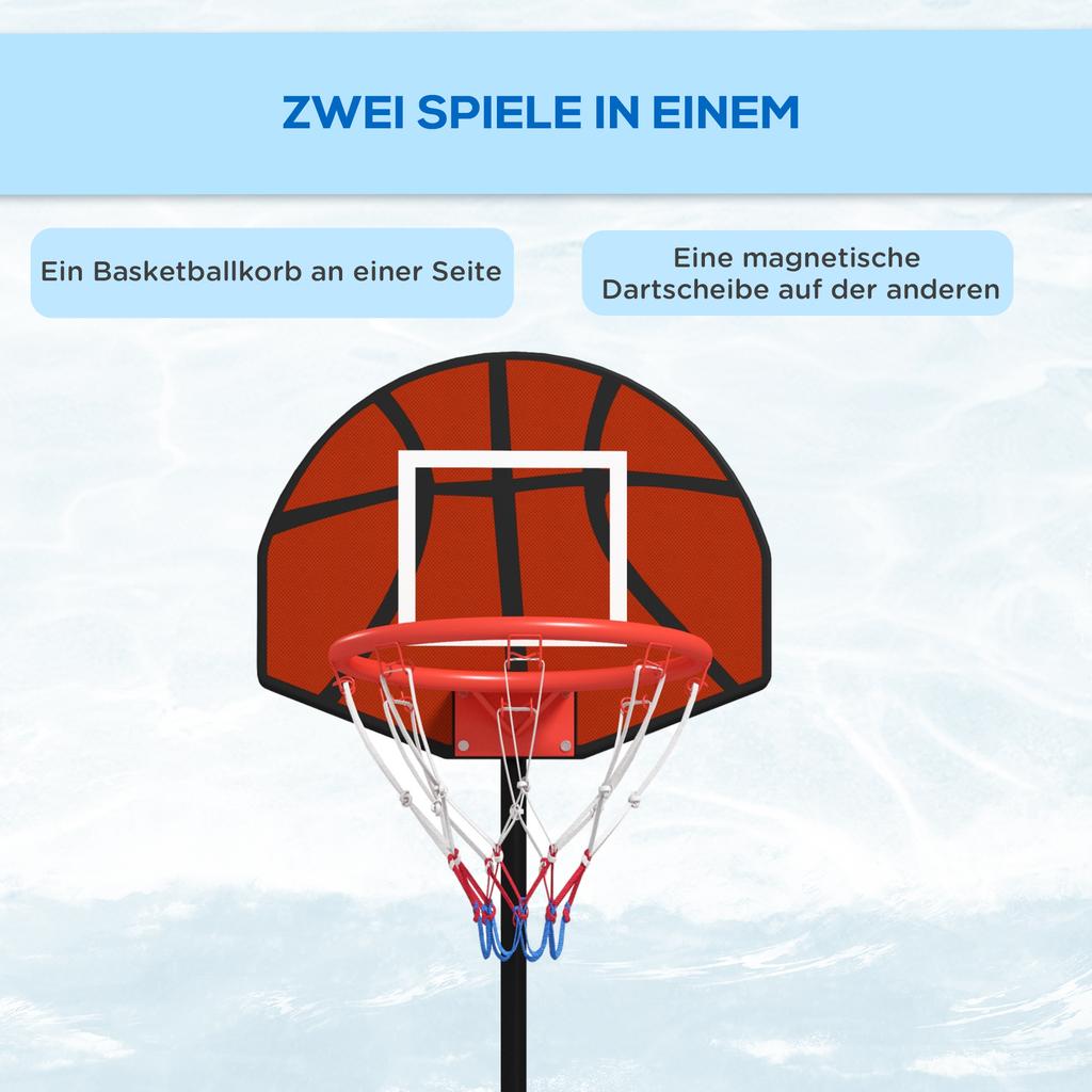 Basketball Stand, height-adjustable, magnetic dartboard, 98-148cm, Black