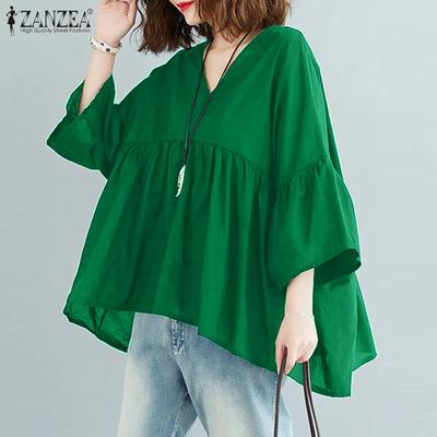 Женская летняя повседневная плиссированная однотонная свободная блузка трапециевидной формы с v-образным вырезом и рукавами 3/4
