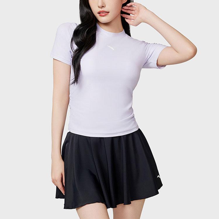 Anta Solid Color Round Neck Pullover Short Sleeve Pleated Skirt Two-Piece Swimsuit Women Swimsuit Light-Purple Basic-Black 1824532485-1