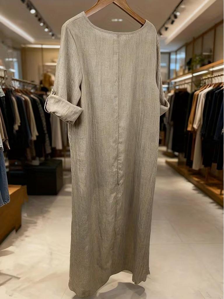 Женский льняной асимметричный длинный топ - Круглый вырез, Свободный крой, Неровный подол, Универсальная модная рубашка