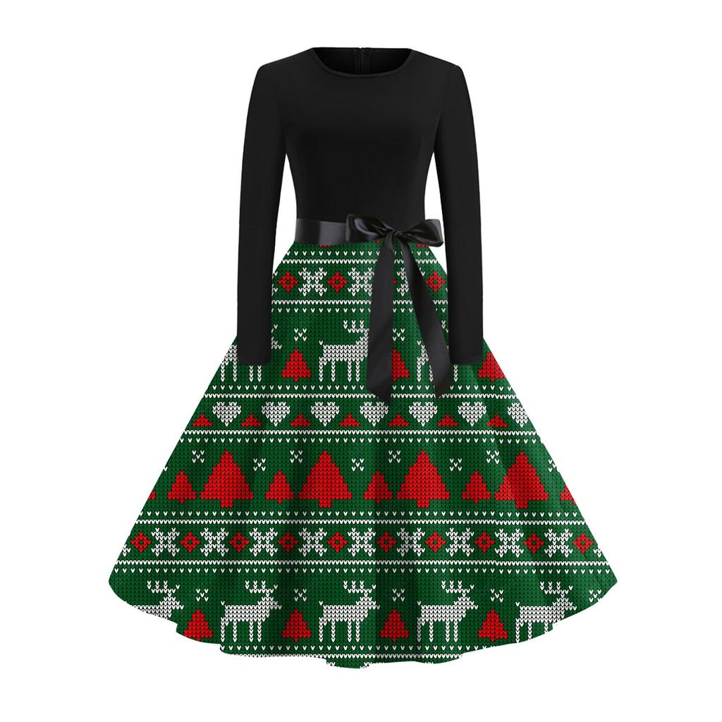 Рождественский принт расклешенное платье для женщин платье с длинным рукавом полые вечерние повседневные платья