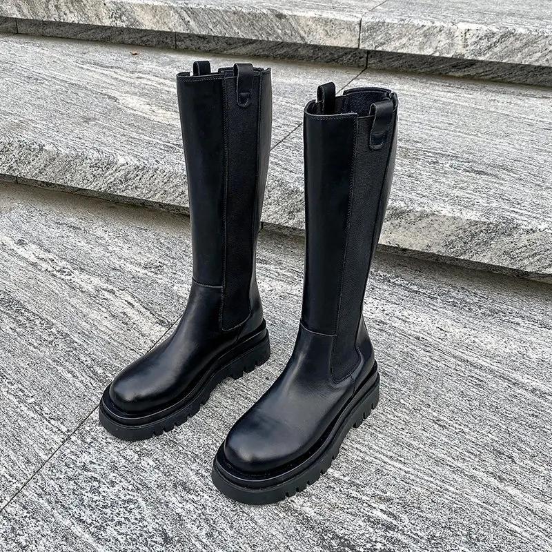 Женская обувь 2024 года, женские сапоги до колена, современные сапоги на платформе, женские с круглым носком, с застежкой-молнией сзади, на среднем каблуке, женские, Zapatos
