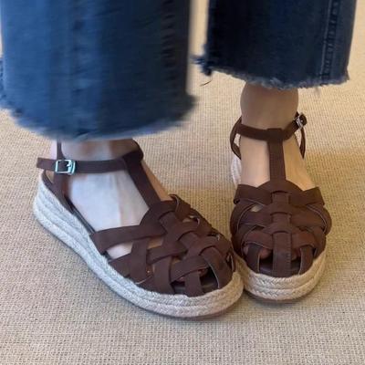 Летние новые дышащие универсальные одинарные туфли с сумкой, соломенная толстая подошва, ремешки крест-накрест, модные сандалии для женщин