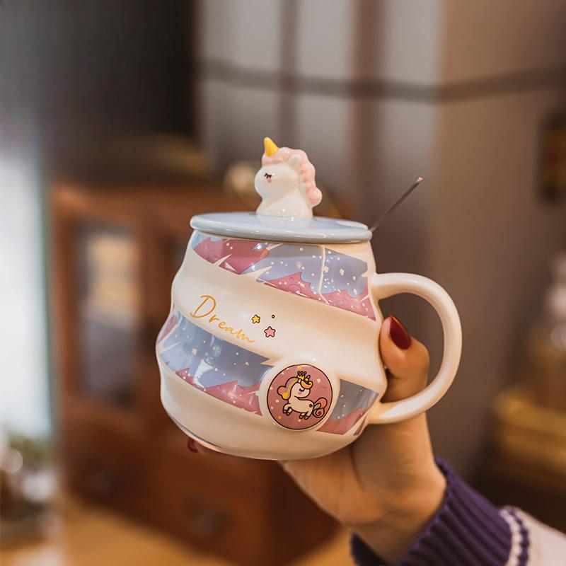 Unicorn Ceramic Mug Cute Girls Gift Water Cup with Lid and Spoon Home Office Breakfast Coffee Cups
