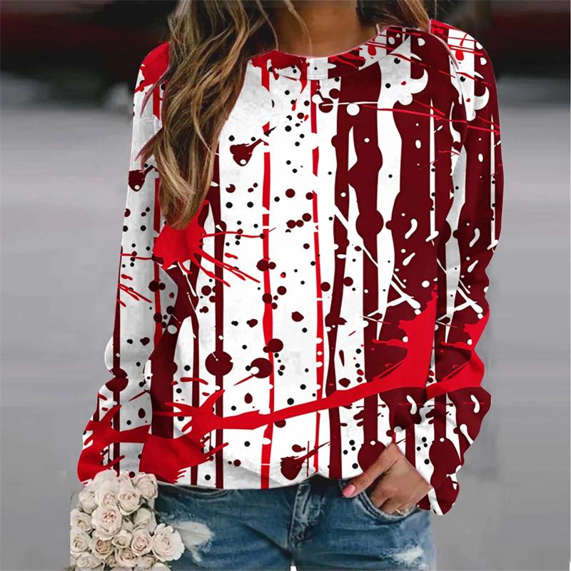 Harajuku 3D Horror Halloween Print Sweatshirts Red Blood Patterns Graphic Round Neck Hoodies Women Fashion Clothing Sweatshirt