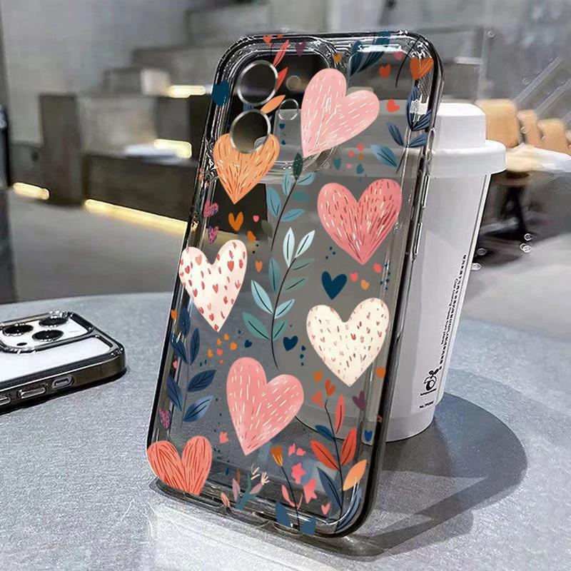 Мягкий чехол для телефона с рисунком 'Любовное сердце и листья' для iPhone 16 15 14 17 Air Pro Max 16E 13 12 11 XS X XR 7 8 Plus SE2022 Прозрачный противоударный чехол