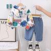 0-5 лет Комплект с длинными рукавами для мальчиков Детская куртка с граффити Повседневная Джинсовые брюки Комплект из двух предметов Детская одежда для мальчиков