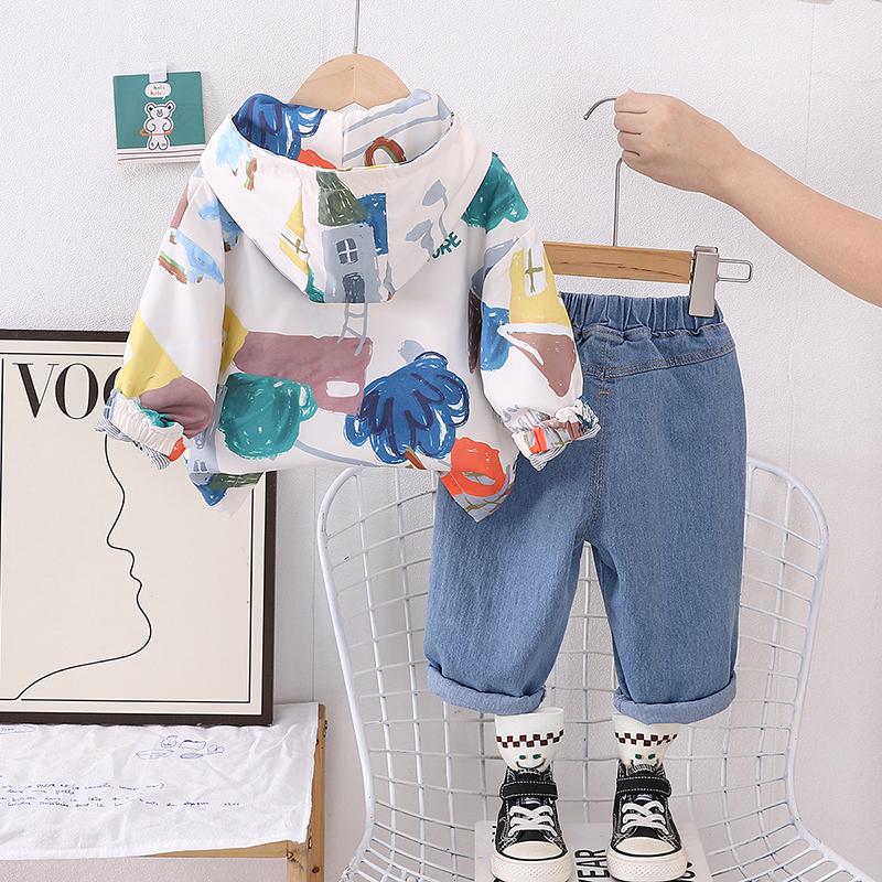 0-5 лет Комплект с длинными рукавами для мальчиков Детская куртка с граффити Повседневная Джинсовые брюки Комплект из двух предметов Детская одежда для мальчиков