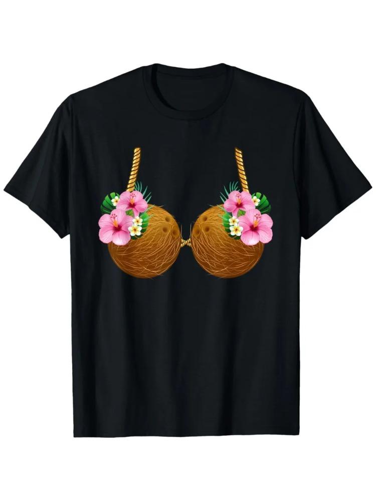 Coconut Bra Hawaiian Tropical Costume Luau Party Hawaii Tshirt 2025 Hawaiian Tropical Style Women Tee Short Sleeves