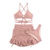 3Pcs/Set Women Swimsuit Solid Color Wave Texture Sexy Split Bikini with Drawstring Ruffle Trim Skirt Lace-up Beachwear