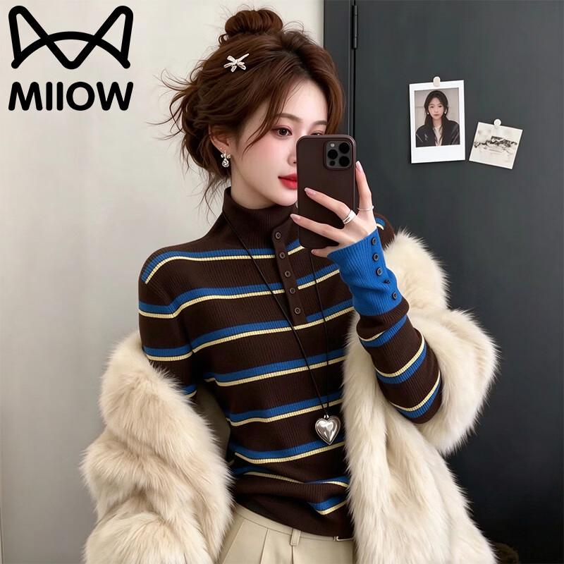 MiiOW Women's Contrast Striped High-Neck Knit Sweater