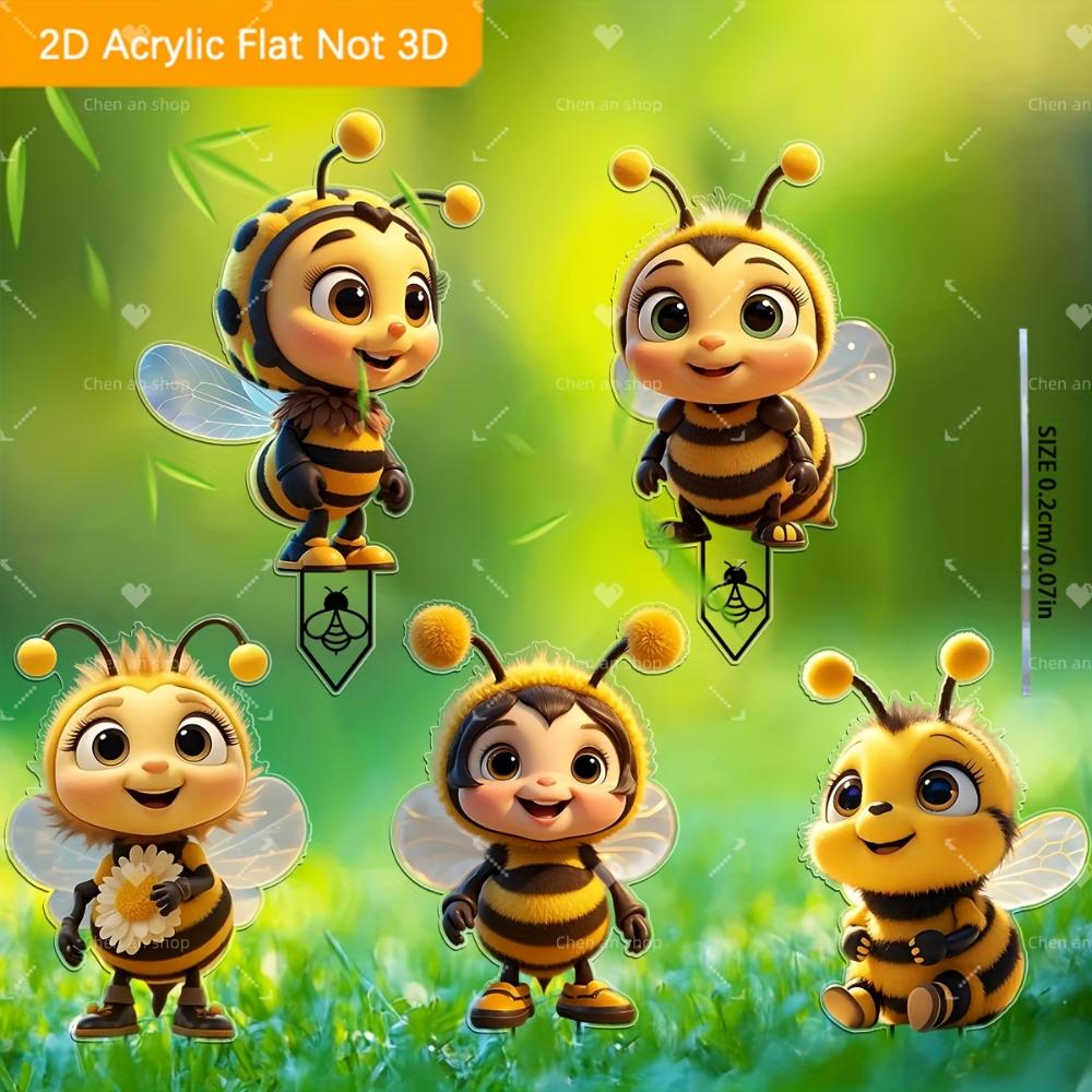 2D Flat 5-piece Set Cute Bee Friend Acrylic Garden Decoration for Patios, Lawns and Potted Plants - Ideal Holiday Gift