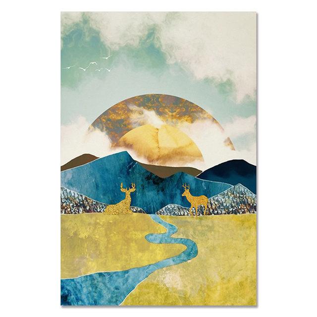 Nordic Style Sunrise Sunset Wall Art Pictures Deer Canvas Painting Mountain Landscape Poster and Print for Interior Home Decor