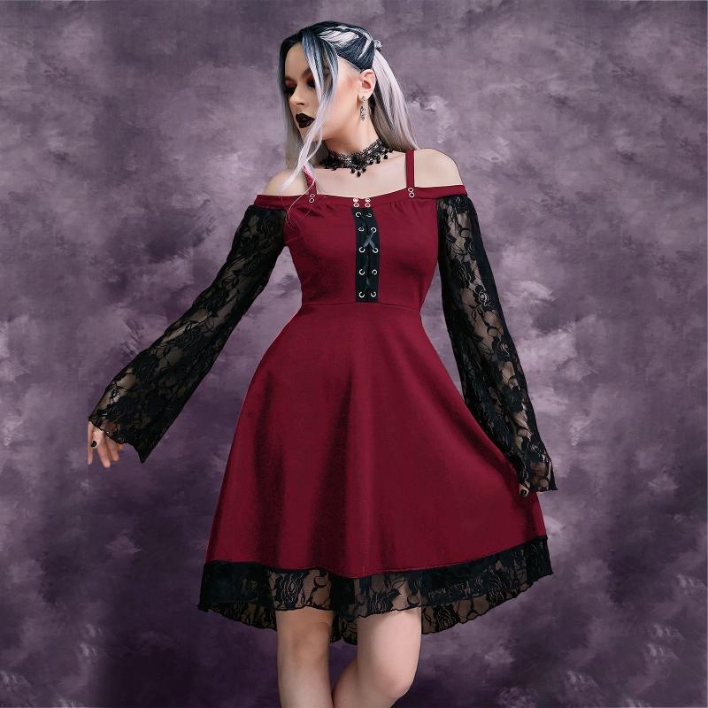 Готическое Панк Платье Миди для Девушек Сексуальное Лоскутное Платье LaAe с Длинным Расклешенным Рукавом Женское Платье-Сарафан Харадзюку с Открытыми Плечами на Бретельках Хэллоуин