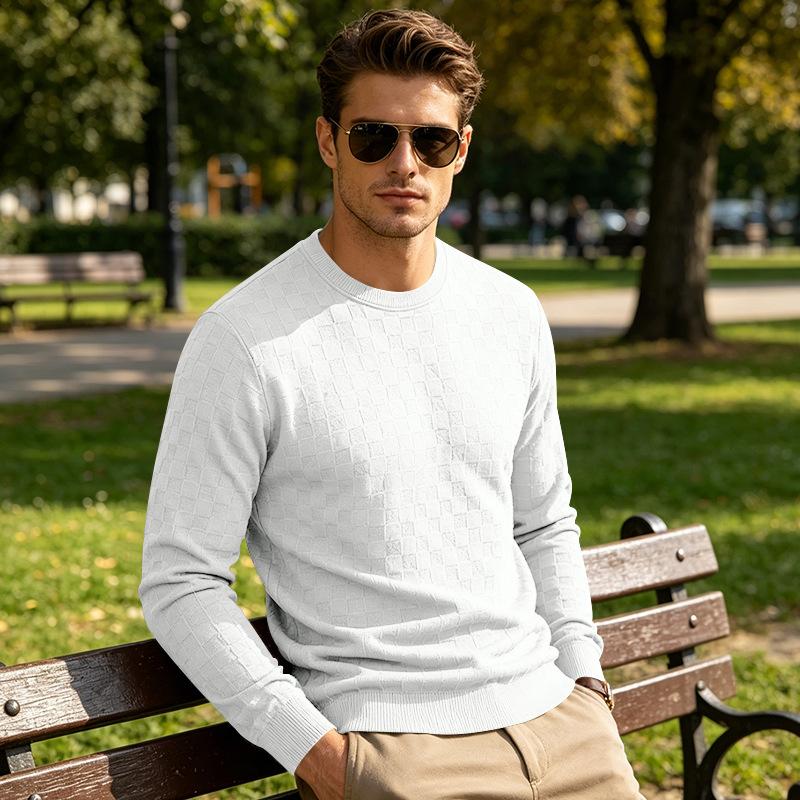 Men S Long Sleeve Crew Neck Pullover Checkered Jacquard Casual Sweatshirt