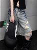 American Street Washed Blue Denim Shorts Y2k E-Girl High Waist Loose Wide Leg Jeans Fashion Hole Straight Knee Length Pants