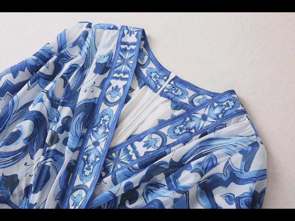 European & American Women's Chiffon Silk V-Neck Floral Print Maxi Dress