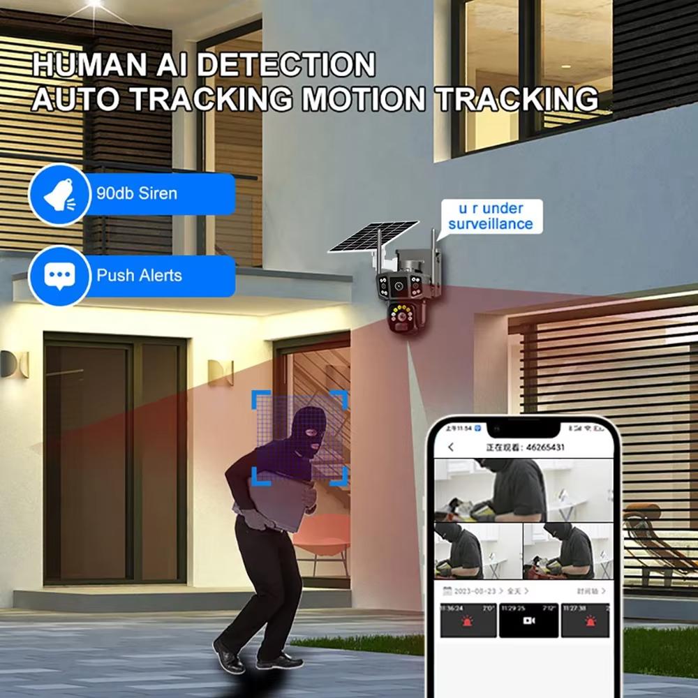4K 8MP HD Dual Lens 4G SIM Solar Camera PTZ Auto Tracking Three Screens Outdoor Security Surveillance WIFI CCTV IP Cameras V380 APP