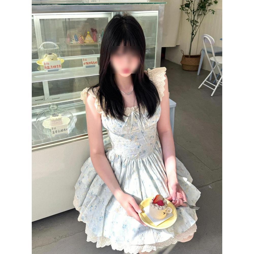 Spot Sakura Weaving Flower Plume Sweet Cool Xiaofei Sleeve Floral Dress Women's Design Sense Niche Waist Princess Fluffy Short Skirt