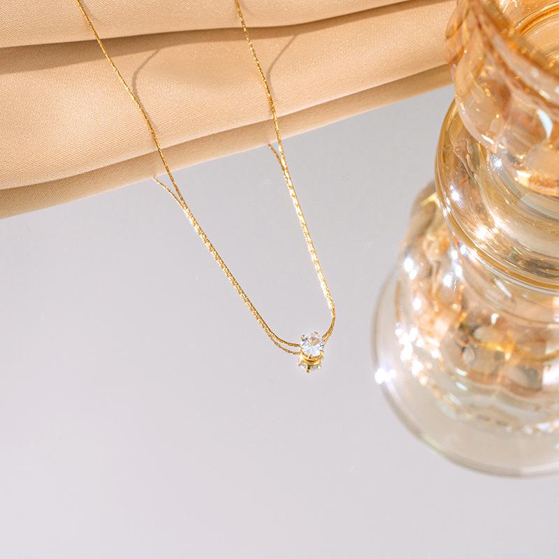 Simple Six Prong Titanium Steel Necklace, Light Luxury Small Zircon Pendant, Versatile Choker Chain Fade Resistant Women Jewelry