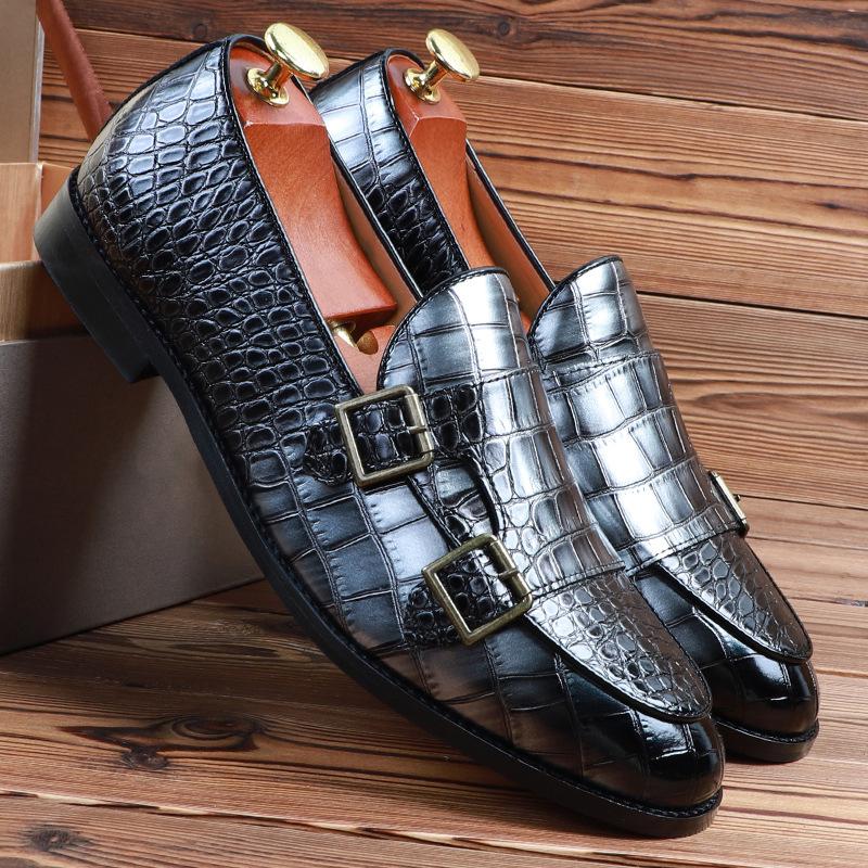 Luxury Dress Shoes Mens Classic Crocodile Pattern Leather Shoes Monk Buckle Strap Pointed Toe Party Loafers Shoes For Men